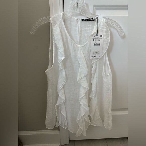 Zara White Ruffled Sleeveless Top  NWT - Picture 1 of 5